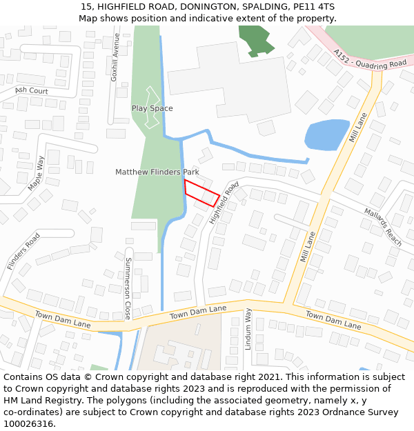 15, HIGHFIELD ROAD, DONINGTON, SPALDING, PE11 4TS: Location map and indicative extent of plot