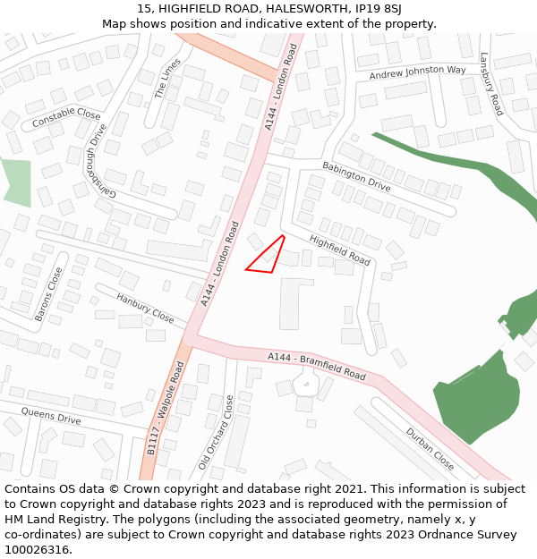 15, HIGHFIELD ROAD, HALESWORTH, IP19 8SJ: Location map and indicative extent of plot