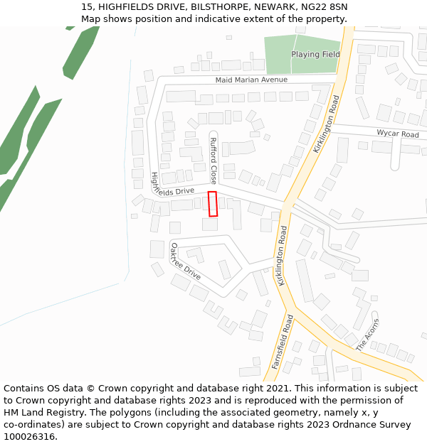 15, HIGHFIELDS DRIVE, BILSTHORPE, NEWARK, NG22 8SN: Location map and indicative extent of plot