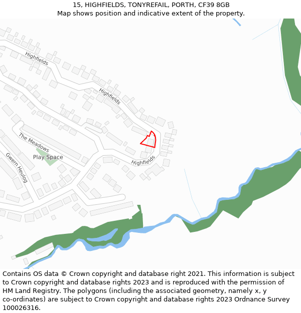 15, HIGHFIELDS, TONYREFAIL, PORTH, CF39 8GB: Location map and indicative extent of plot