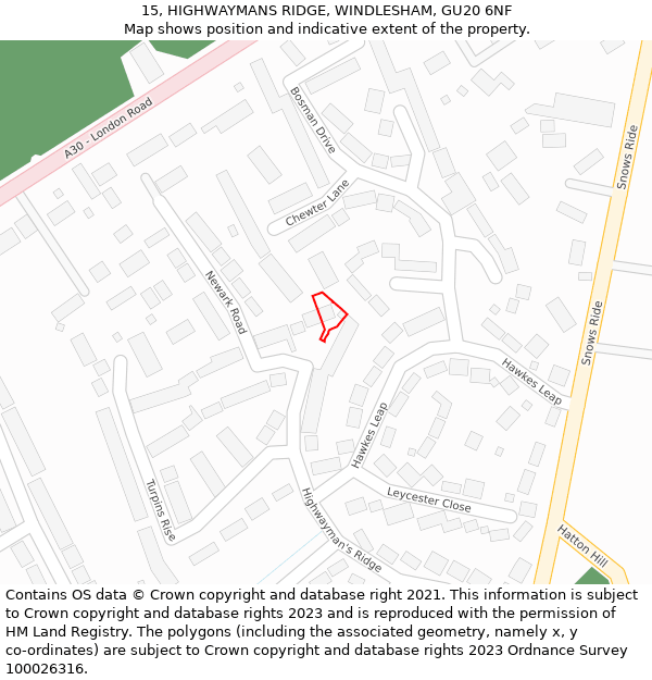 15, HIGHWAYMANS RIDGE, WINDLESHAM, GU20 6NF: Location map and indicative extent of plot