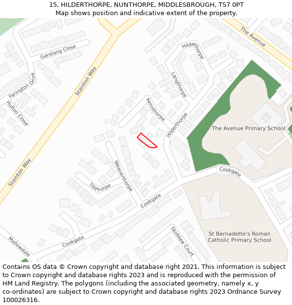 15, HILDERTHORPE, NUNTHORPE, MIDDLESBROUGH, TS7 0PT: Location map and indicative extent of plot