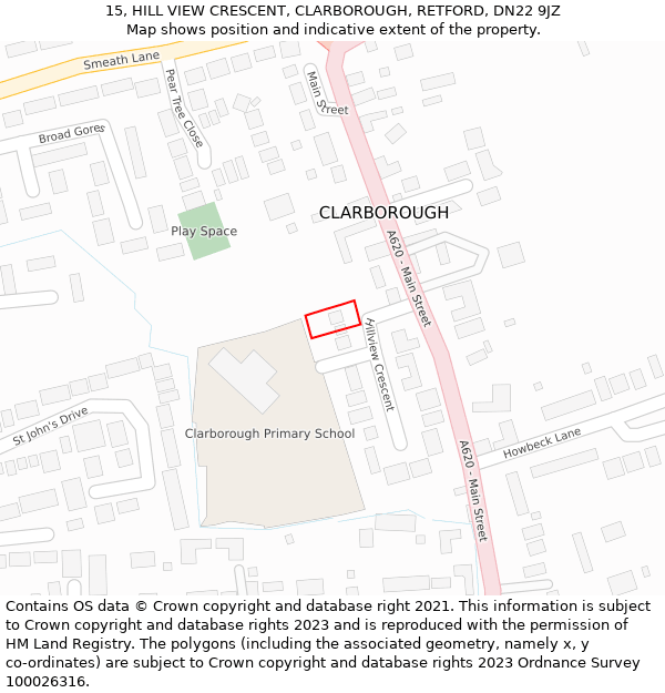 15, HILL VIEW CRESCENT, CLARBOROUGH, RETFORD, DN22 9JZ: Location map and indicative extent of plot