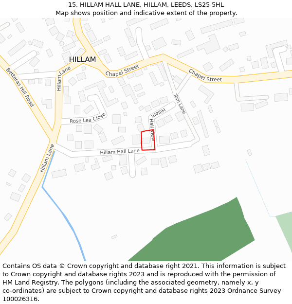 15, HILLAM HALL LANE, HILLAM, LEEDS, LS25 5HL: Location map and indicative extent of plot