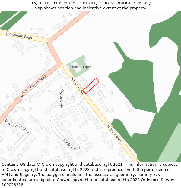 15, HILLBURY ROAD, ALDERHOLT, FORDINGBRIDGE, SP6 3BQ: Location map and indicative extent of plot