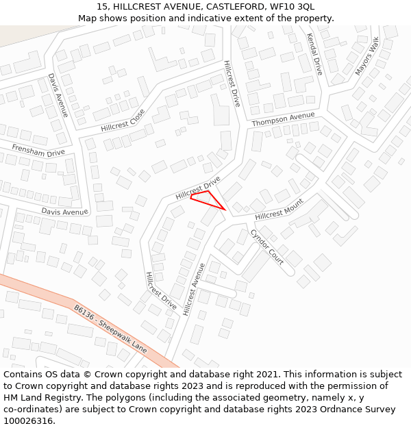 15, HILLCREST AVENUE, CASTLEFORD, WF10 3QL: Location map and indicative extent of plot