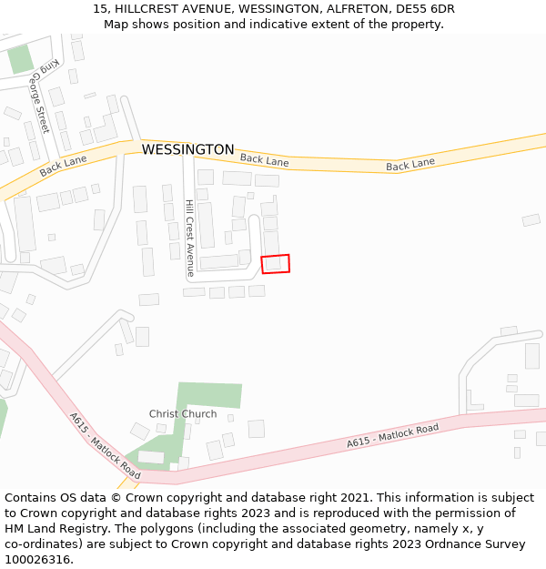 15, HILLCREST AVENUE, WESSINGTON, ALFRETON, DE55 6DR: Location map and indicative extent of plot