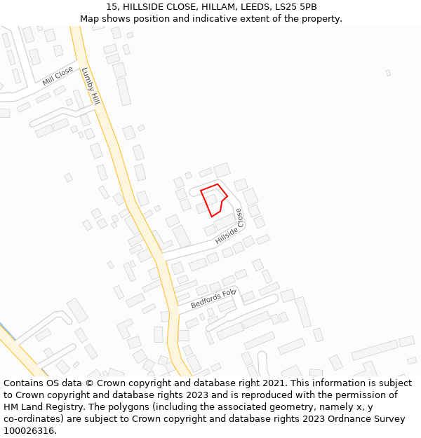 15, HILLSIDE CLOSE, HILLAM, LEEDS, LS25 5PB: Location map and indicative extent of plot