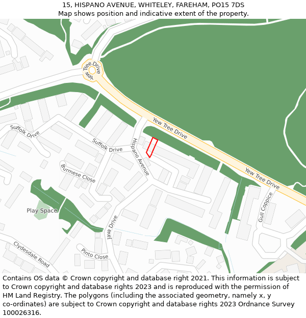 15, HISPANO AVENUE, WHITELEY, FAREHAM, PO15 7DS: Location map and indicative extent of plot