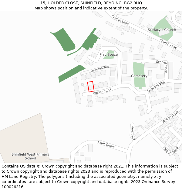 15, HOLDER CLOSE, SHINFIELD, READING, RG2 9HQ: Location map and indicative extent of plot