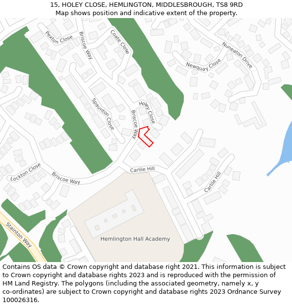 15, HOLEY CLOSE, HEMLINGTON, MIDDLESBROUGH, TS8 9RD: Location map and indicative extent of plot