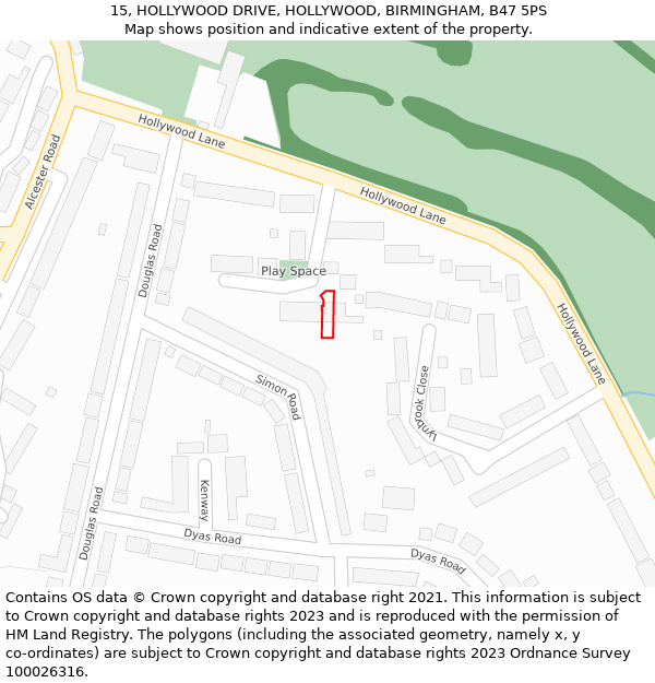 15, HOLLYWOOD DRIVE, HOLLYWOOD, BIRMINGHAM, B47 5PS: Location map and indicative extent of plot