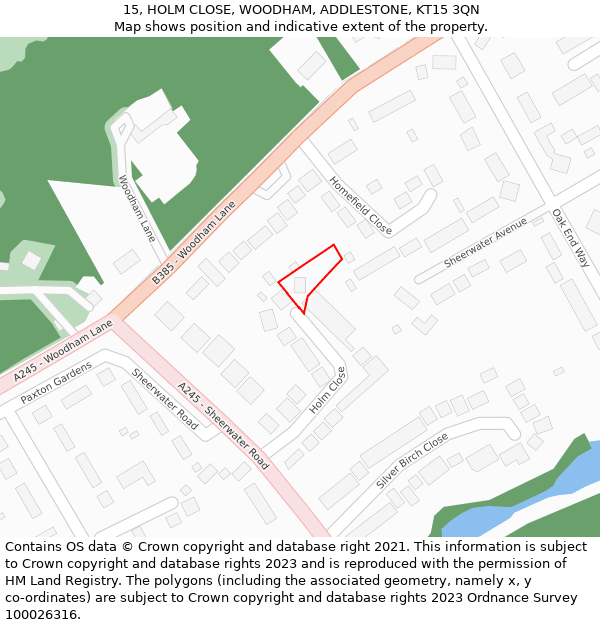 15, HOLM CLOSE, WOODHAM, ADDLESTONE, KT15 3QN: Location map and indicative extent of plot