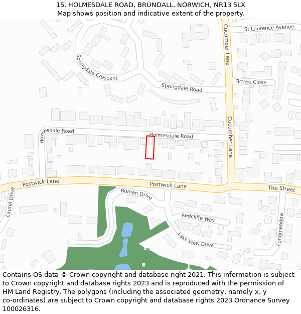 15, HOLMESDALE ROAD, BRUNDALL, NORWICH, NR13 5LX: Location map and indicative extent of plot