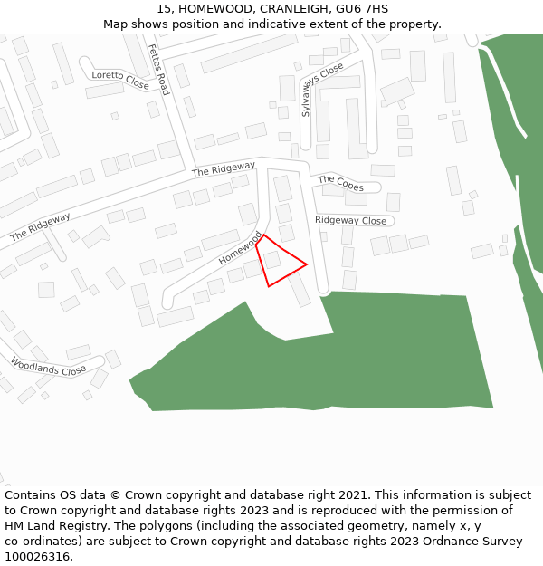 15, HOMEWOOD, CRANLEIGH, GU6 7HS: Location map and indicative extent of plot