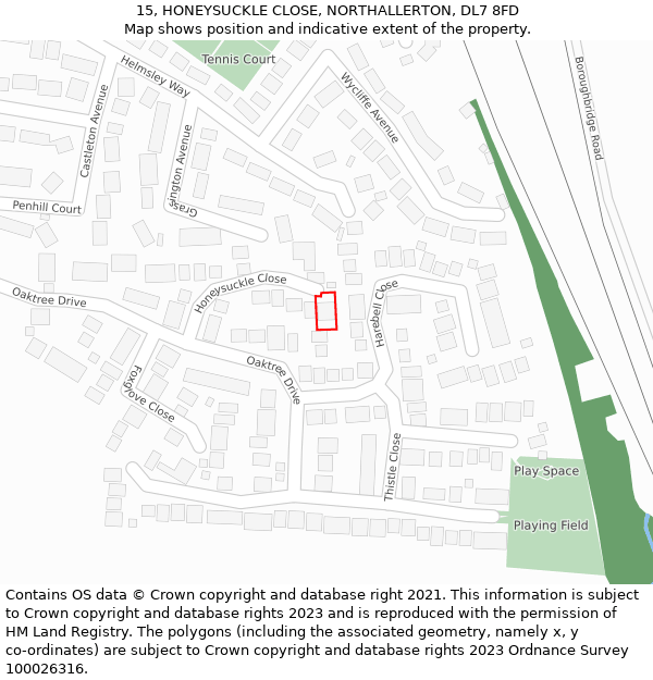 15, HONEYSUCKLE CLOSE, NORTHALLERTON, DL7 8FD: Location map and indicative extent of plot