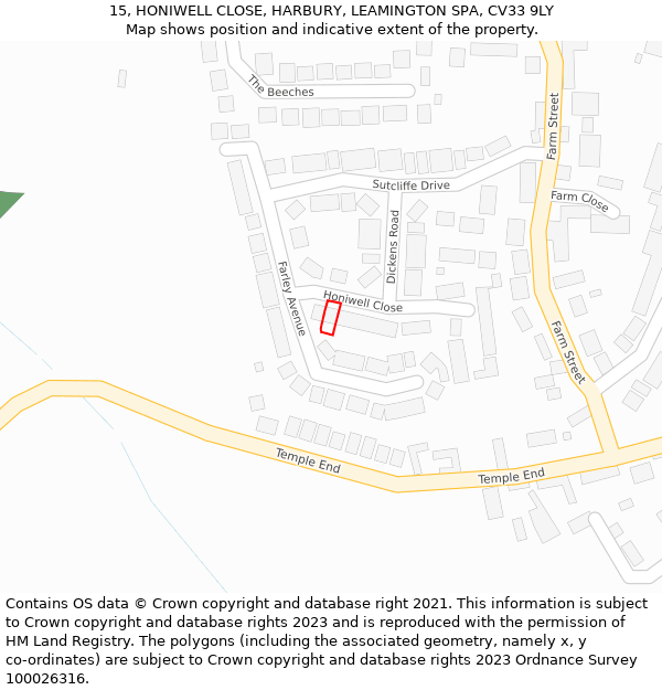 15, HONIWELL CLOSE, HARBURY, LEAMINGTON SPA, CV33 9LY: Location map and indicative extent of plot