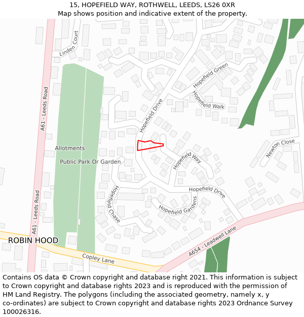 15, HOPEFIELD WAY, ROTHWELL, LEEDS, LS26 0XR: Location map and indicative extent of plot
