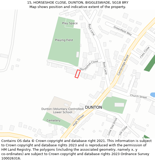 15, HORSESHOE CLOSE, DUNTON, BIGGLESWADE, SG18 8RY: Location map and indicative extent of plot