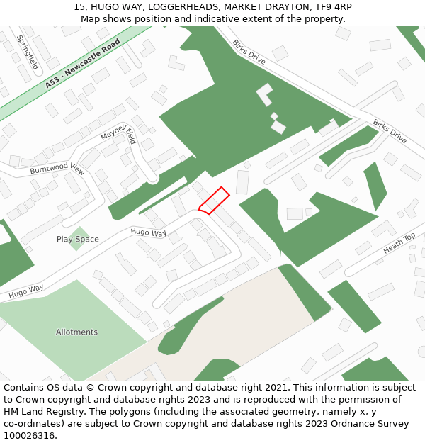 15, HUGO WAY, LOGGERHEADS, MARKET DRAYTON, TF9 4RP: Location map and indicative extent of plot