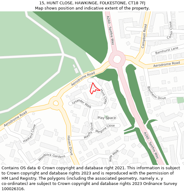 15, HUNT CLOSE, HAWKINGE, FOLKESTONE, CT18 7FJ: Location map and indicative extent of plot