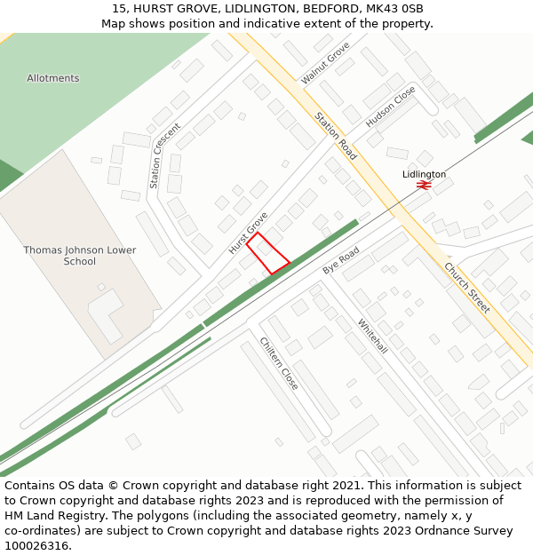 15, HURST GROVE, LIDLINGTON, BEDFORD, MK43 0SB: Location map and indicative extent of plot