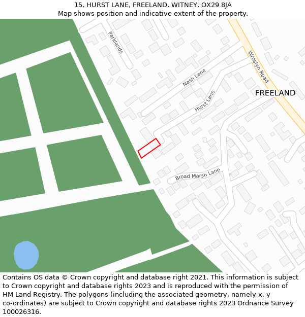 15, HURST LANE, FREELAND, WITNEY, OX29 8JA: Location map and indicative extent of plot