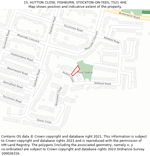 15, HUTTON CLOSE, FISHBURN, STOCKTON-ON-TEES, TS21 4HE: Location map and indicative extent of plot