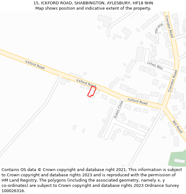 15, ICKFORD ROAD, SHABBINGTON, AYLESBURY, HP18 9HN: Location map and indicative extent of plot