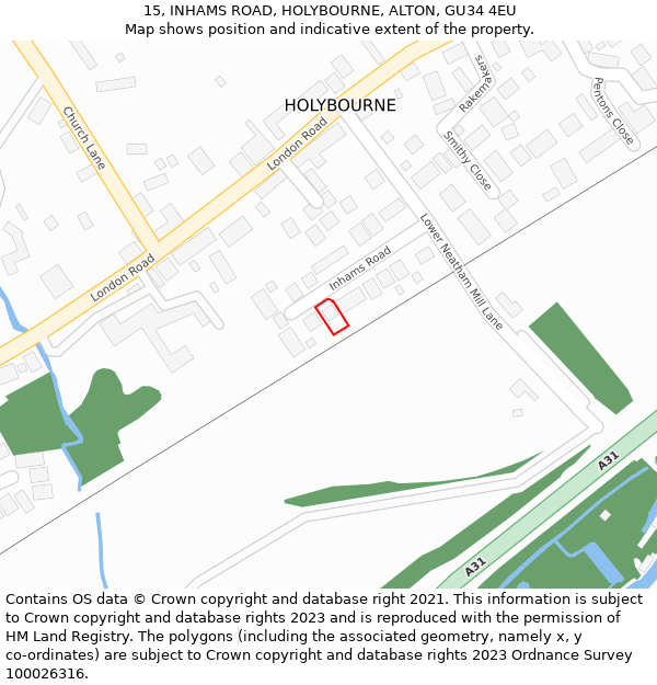 15, INHAMS ROAD, HOLYBOURNE, ALTON, GU34 4EU: Location map and indicative extent of plot