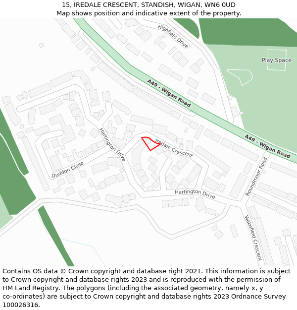 15, IREDALE CRESCENT, STANDISH, WIGAN, WN6 0UD: Location map and indicative extent of plot