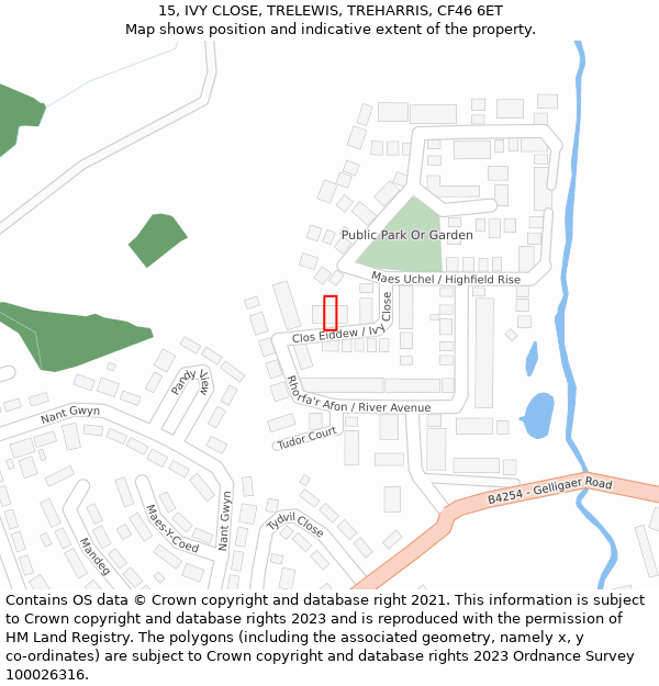 15, IVY CLOSE, TRELEWIS, TREHARRIS, CF46 6ET: Location map and indicative extent of plot