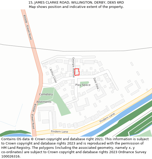 15, JAMES CLARKE ROAD, WILLINGTON, DERBY, DE65 6RD: Location map and indicative extent of plot