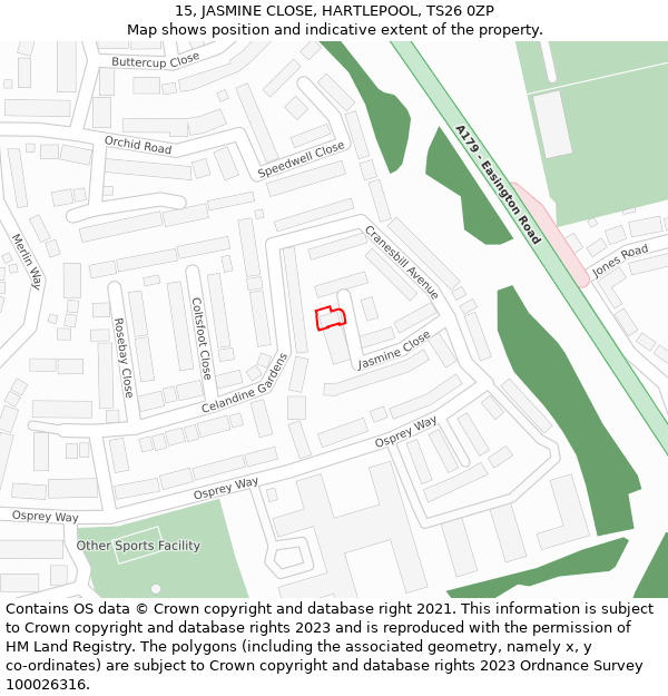 15, JASMINE CLOSE, HARTLEPOOL, TS26 0ZP: Location map and indicative extent of plot