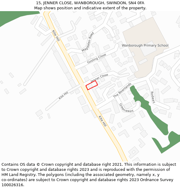 15, JENNER CLOSE, WANBOROUGH, SWINDON, SN4 0FA: Location map and indicative extent of plot