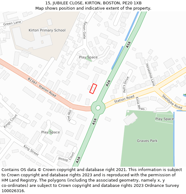 15, JUBILEE CLOSE, KIRTON, BOSTON, PE20 1XB: Location map and indicative extent of plot