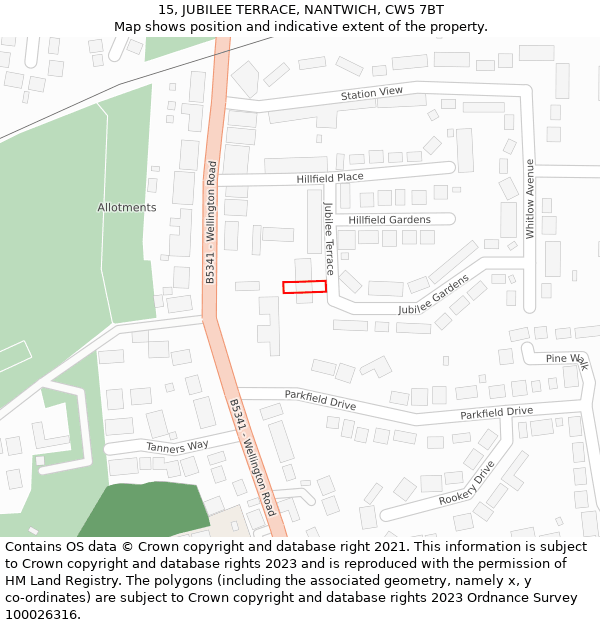 15, JUBILEE TERRACE, NANTWICH, CW5 7BT: Location map and indicative extent of plot