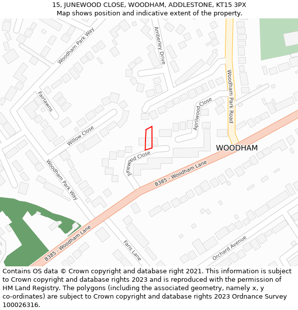 15, JUNEWOOD CLOSE, WOODHAM, ADDLESTONE, KT15 3PX: Location map and indicative extent of plot