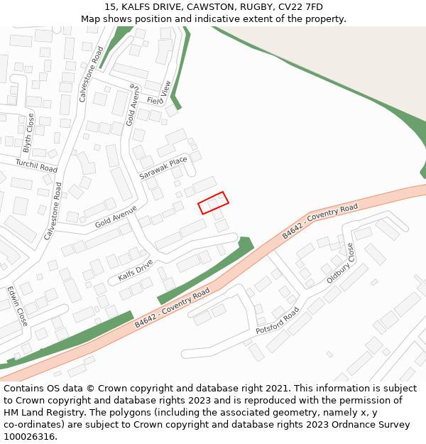 15, KALFS DRIVE, CAWSTON, RUGBY, CV22 7FD: Location map and indicative extent of plot