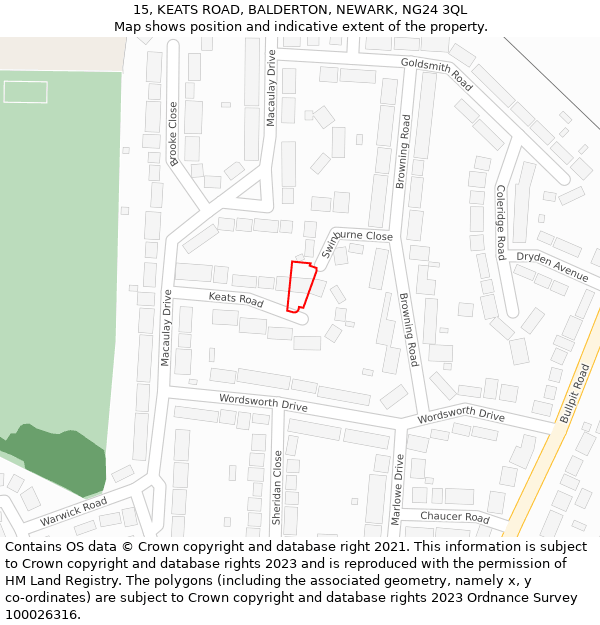 15, KEATS ROAD, BALDERTON, NEWARK, NG24 3QL: Location map and indicative extent of plot