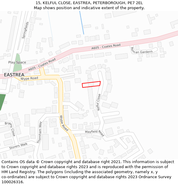 15, KELFUL CLOSE, EASTREA, PETERBOROUGH, PE7 2EL: Location map and indicative extent of plot