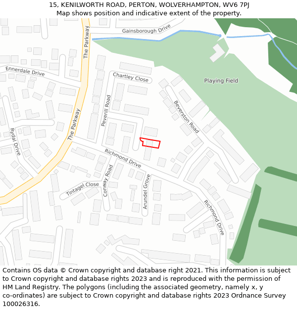 15, KENILWORTH ROAD, PERTON, WOLVERHAMPTON, WV6 7PJ: Location map and indicative extent of plot