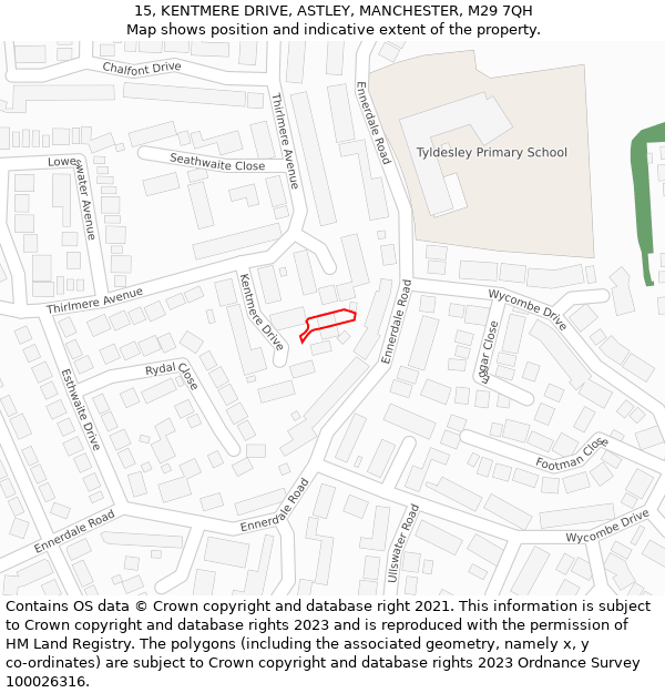 15, KENTMERE DRIVE, ASTLEY, MANCHESTER, M29 7QH: Location map and indicative extent of plot