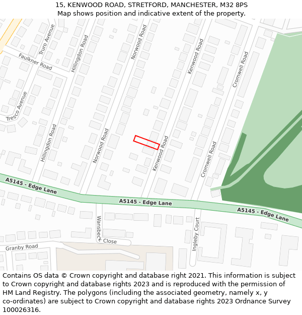 15, KENWOOD ROAD, STRETFORD, MANCHESTER, M32 8PS: Location map and indicative extent of plot