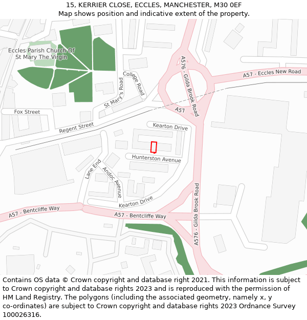 15, KERRIER CLOSE, ECCLES, MANCHESTER, M30 0EF: Location map and indicative extent of plot