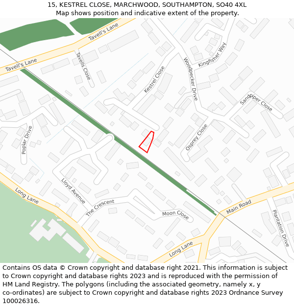 15, KESTREL CLOSE, MARCHWOOD, SOUTHAMPTON, SO40 4XL: Location map and indicative extent of plot