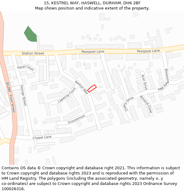 15, KESTREL WAY, HASWELL, DURHAM, DH6 2BF: Location map and indicative extent of plot