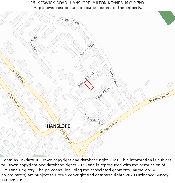 15, KESWICK ROAD, HANSLOPE, MILTON KEYNES, MK19 7NX: Location map and indicative extent of plot