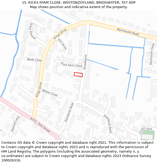 15, KICKS FARM CLOSE, WESTONZOYLAND, BRIDGWATER, TA7 0DP: Location map and indicative extent of plot