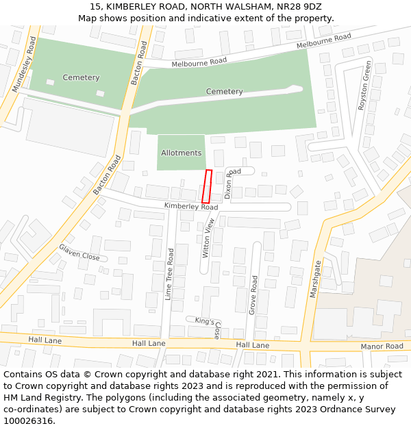 15, KIMBERLEY ROAD, NORTH WALSHAM, NR28 9DZ: Location map and indicative extent of plot